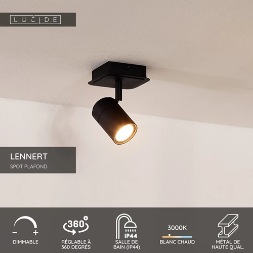 Lucide LENNERT - Spot plafond Salle de bains - LED Dim. - GU10 - 1x5W 3000K - IP44 - Noir - USP
